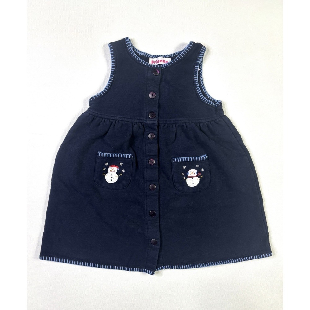 Just Friends Dress Girls 3T Button Snowman Navy Blue Christmas